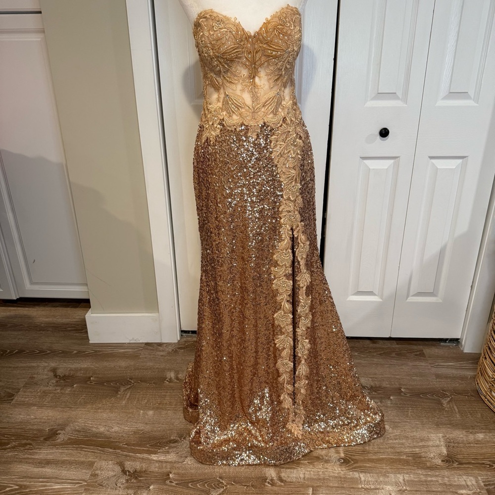 Colette by Daphne, Gold Lace and Sequence with Shear Bodice/ High Slit, Size  10 - Picture 6 of 17